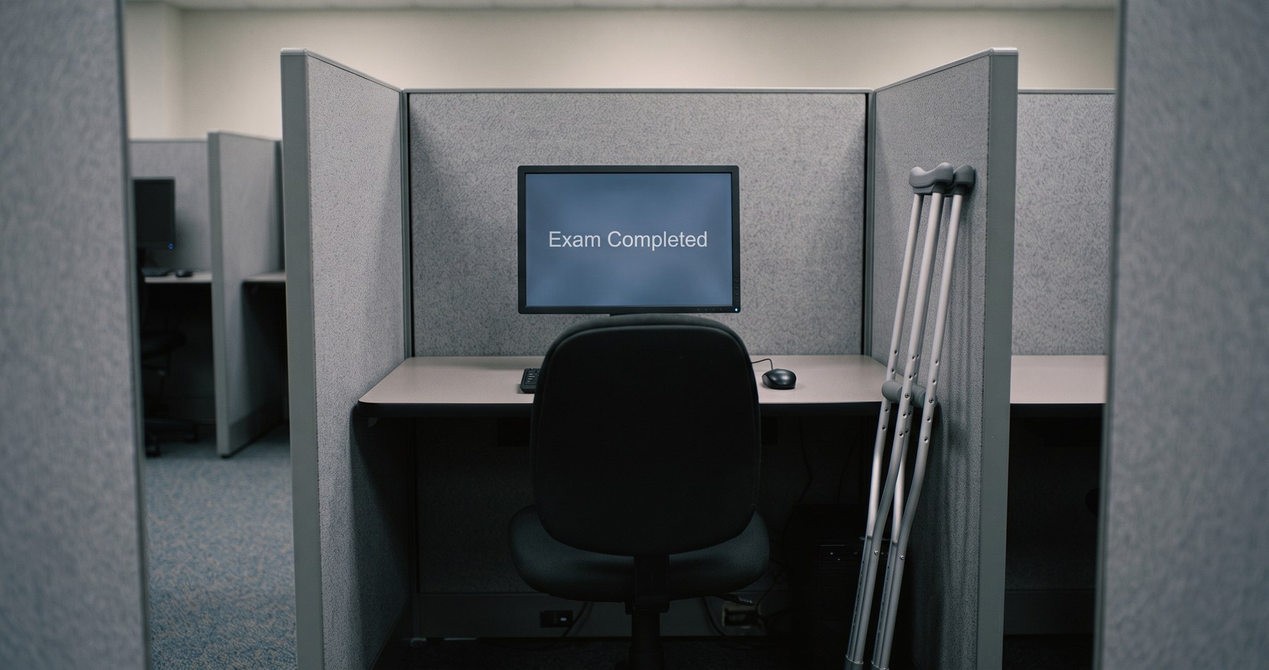 An empty testing carrel with a pair of forearm crutches leaning against the partition and a monitor reading Exam Completed, with no score shown