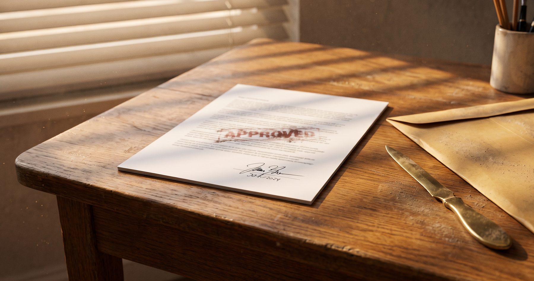 A stamped and signed report lying squared on a sunlit wooden desk, beside the large manila envelope it was reporting on, still sealed, with a clean letter opener and a layer of dust on the envelope but none on the report