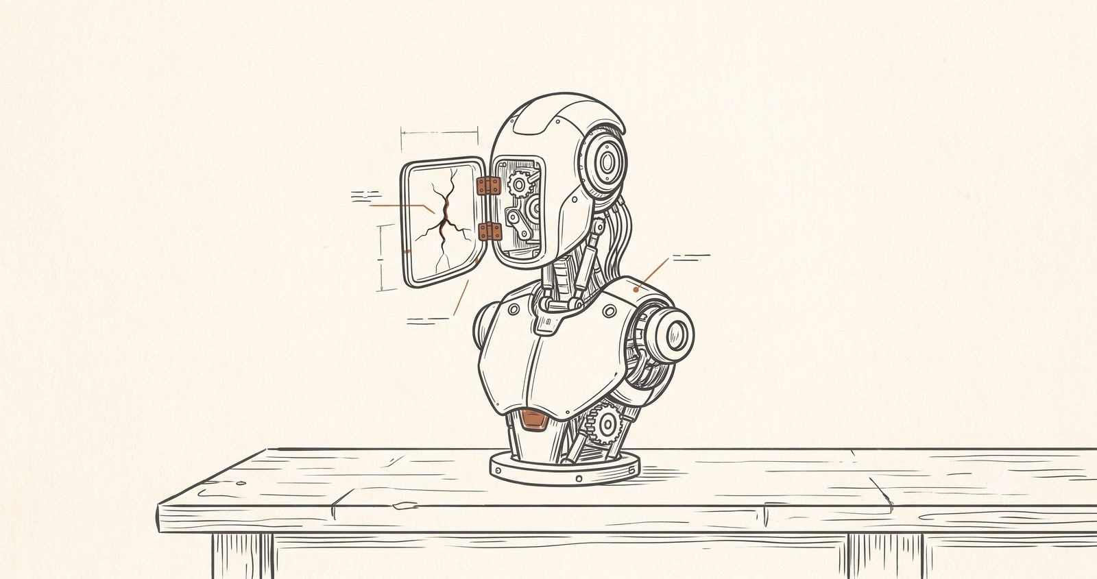 A hand-inked robot bust on a workbench with its head panel opened, revealing gears inside and a terracotta crack running through the panel — build it, then break it on purpose.