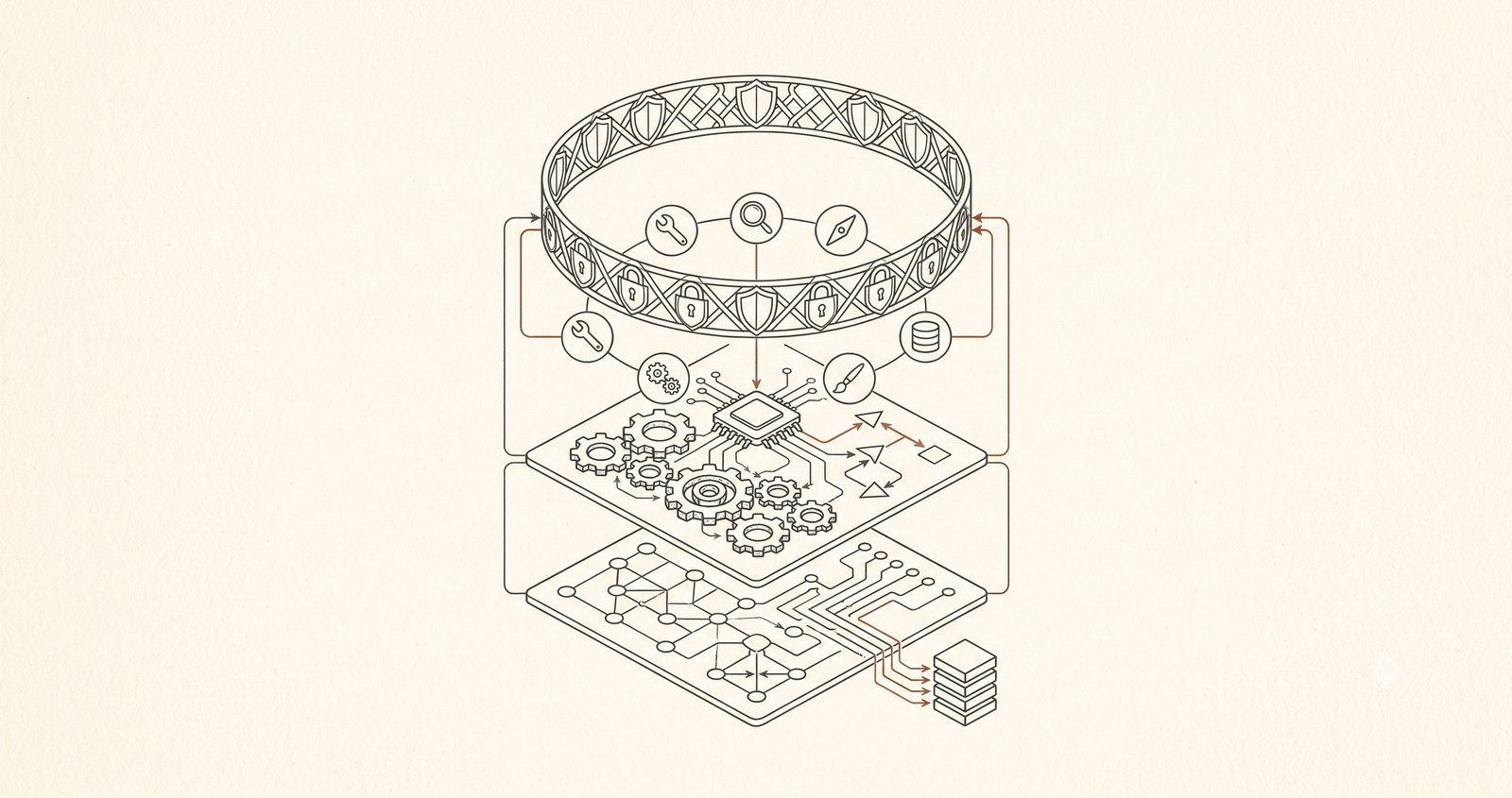 An exploded-view diagram of an AI agent in stacked layers: a model core with tools and branching reasoning, a memory layer beneath it, all wrapped by a ring of shields and padlocks representing guardrails.