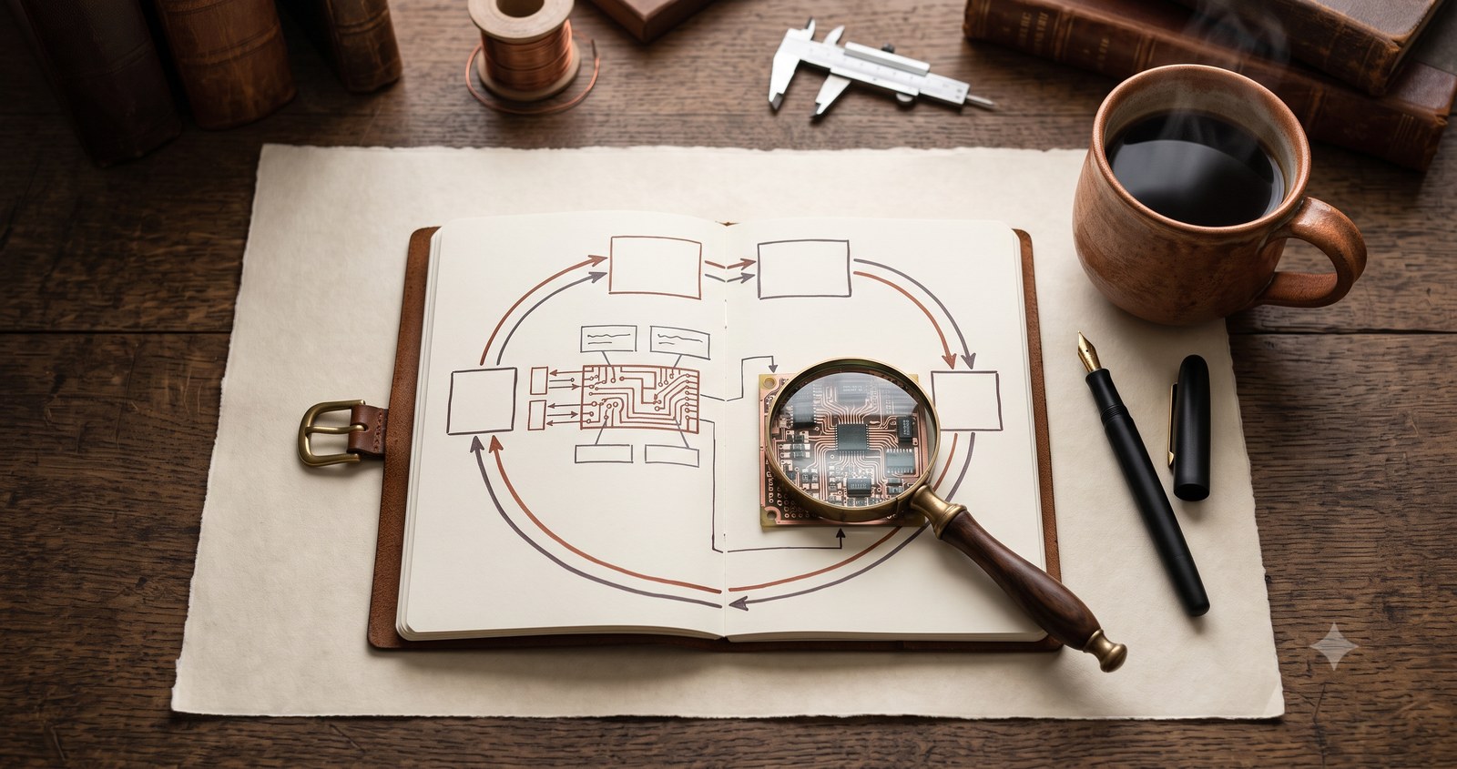 A hand-drawn agent loop in a leather notebook beside a magnifying glass over a circuit board, calipers, a fountain pen, and a cup of coffee — building an AI system and inspecting it at the same time.