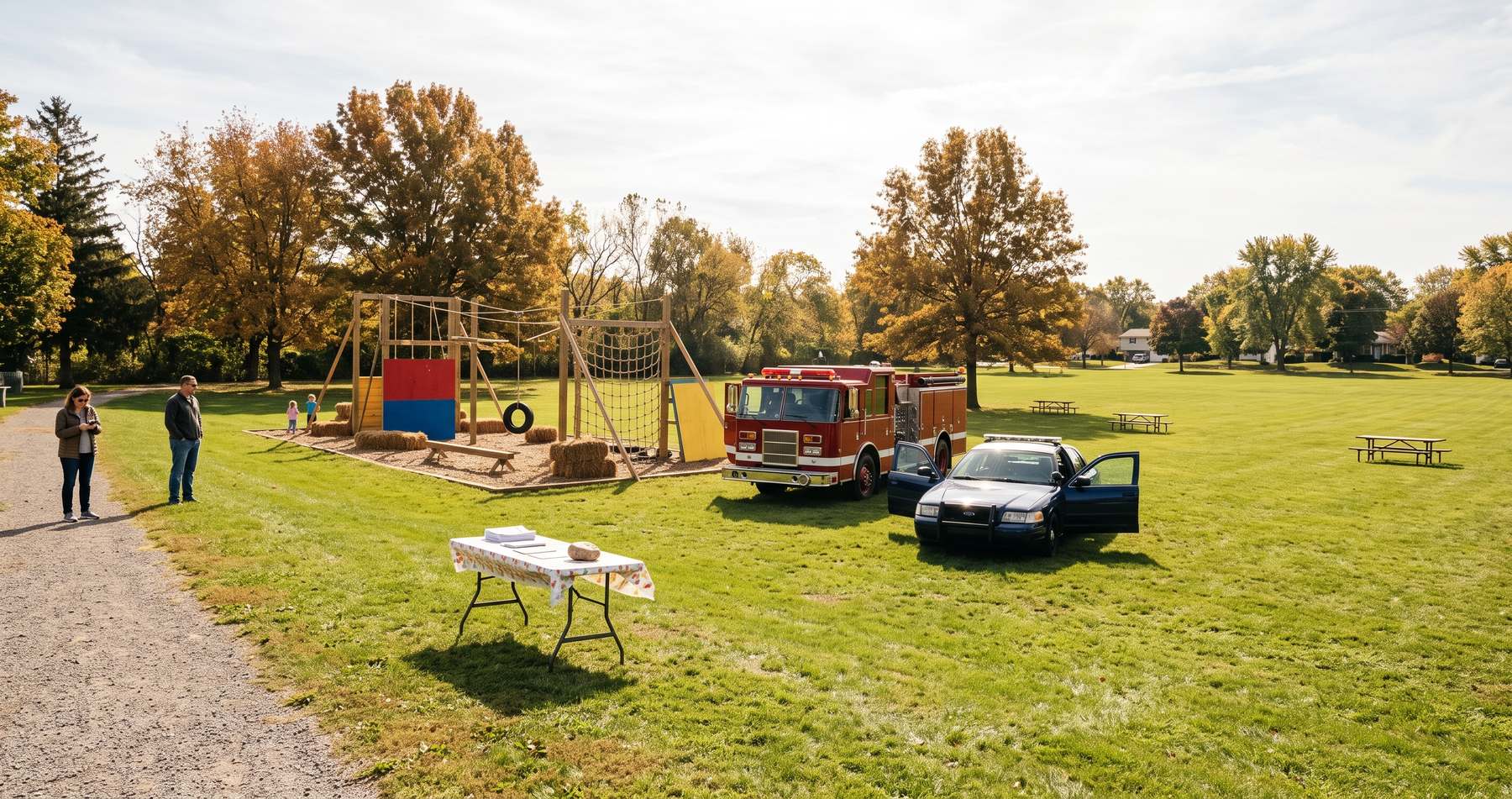 A homemade obstacle course, a fire truck and a police car parked on the grass of a sunny suburban park, with a table of untouched flyers and almost nobody there
