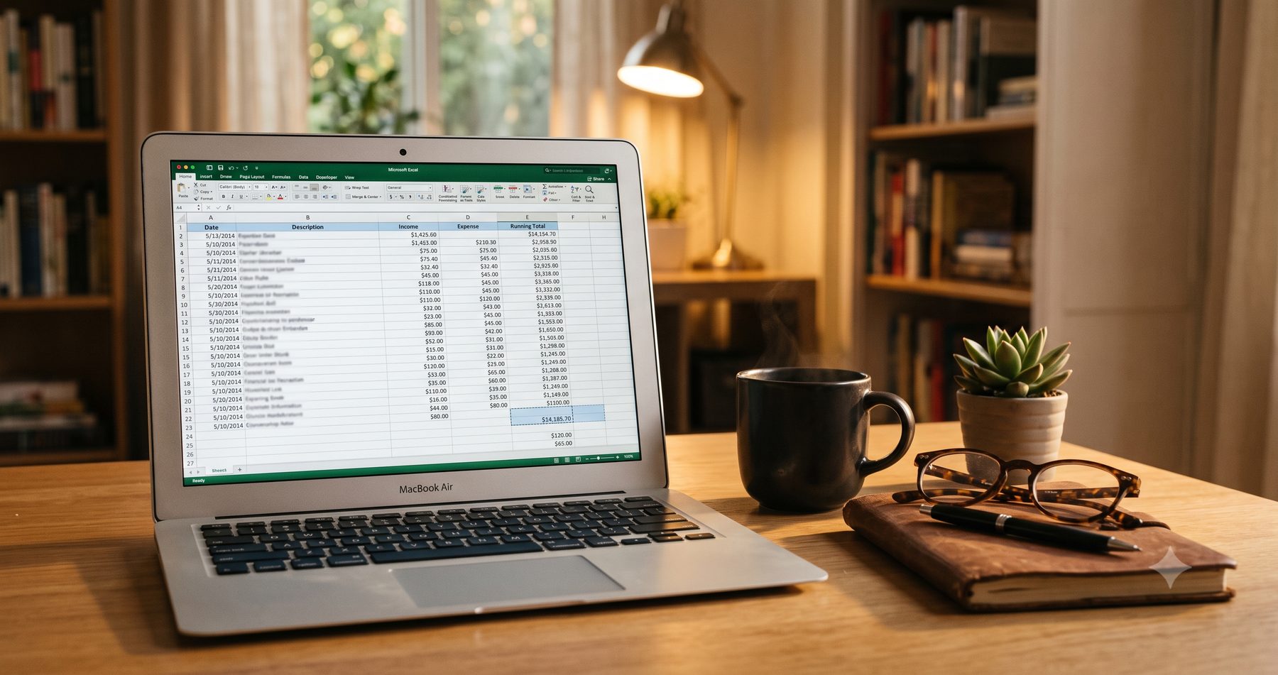 A laptop showing a bookkeeping spreadsheet with a running-total column and one total cell highlighted