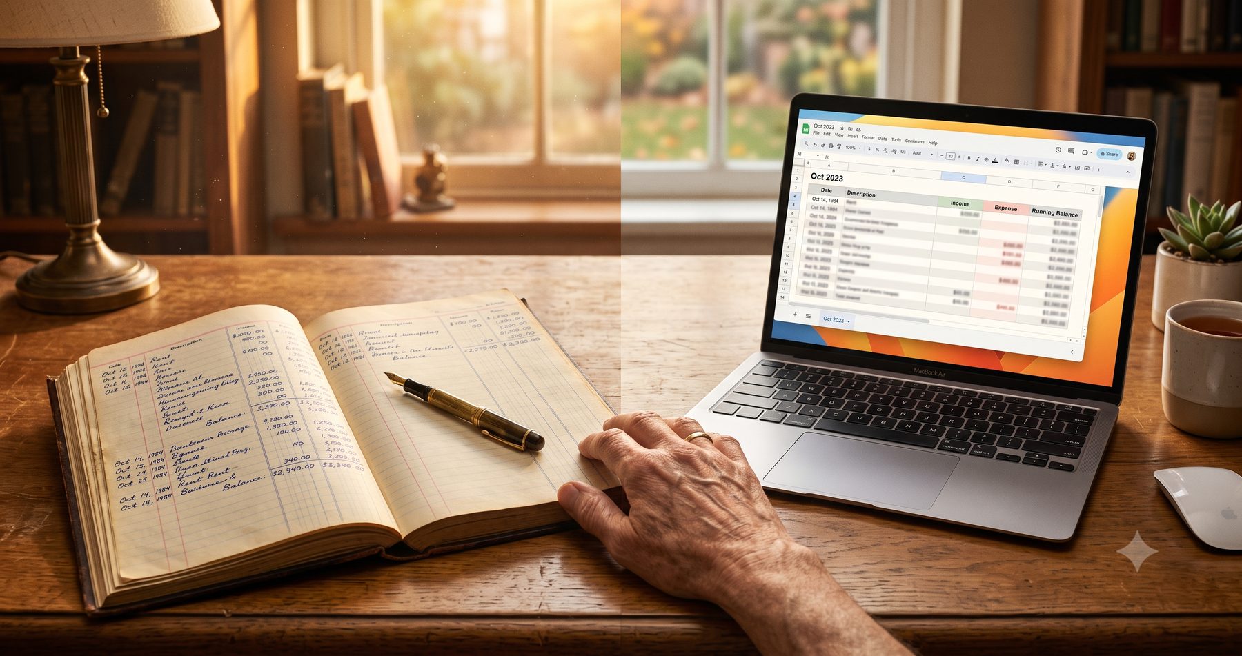 An open handwritten ledger beside a laptop showing the same records as a spreadsheet, in warm afternoon light