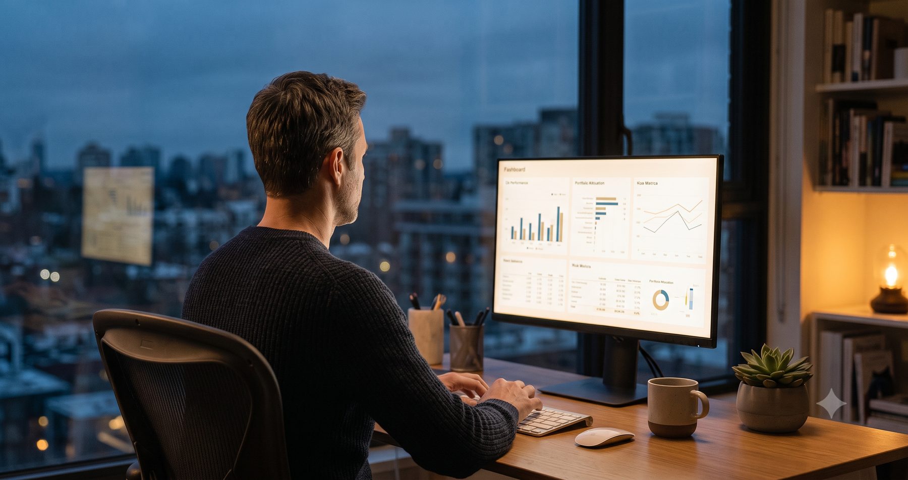 A person at a desk reviewing financial dashboards on a monitor at dusk