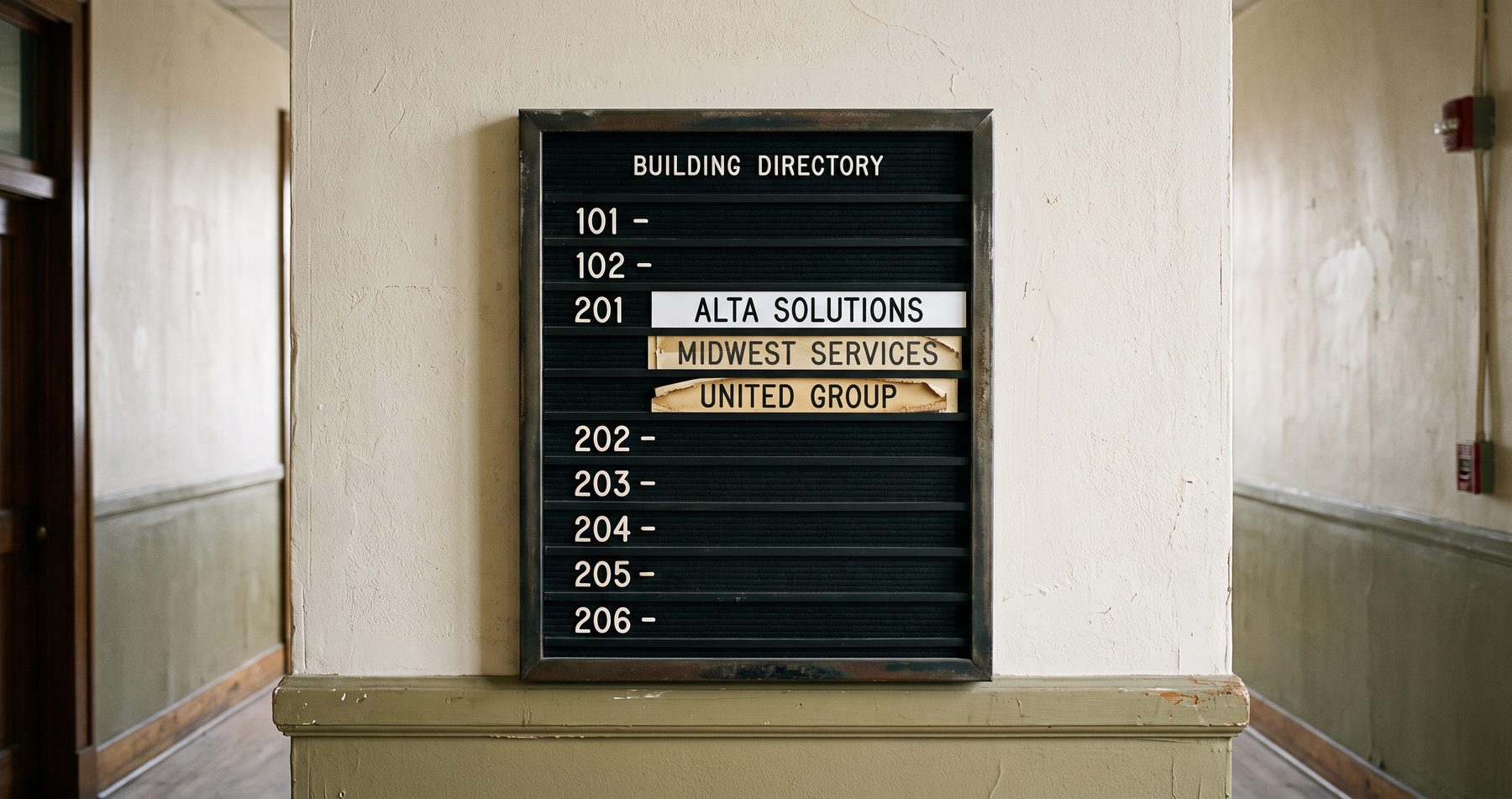 A building directory where one suite line carries three stacked company name strips, the newest crisp and white, the older ones yellowed and warped
