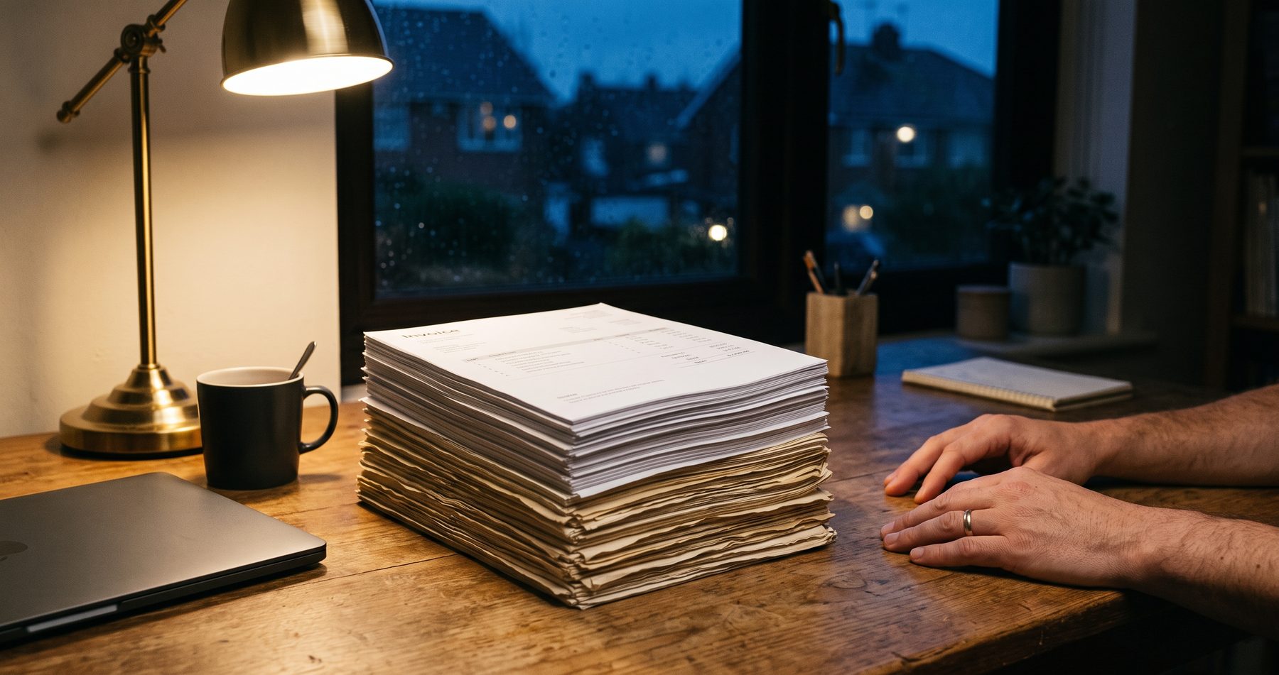 A stack of a dozen identical printed invoices on a lamp-lit home desk beside a closed laptop, pushed aside as finished