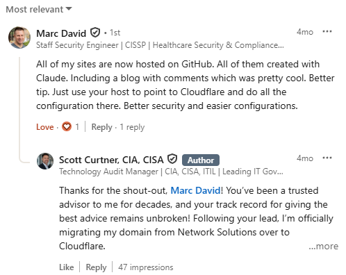 LinkedIn comment from Marc David recommending pointing DNS at Cloudflare, with Scott&rsquo;s reply thanking him
