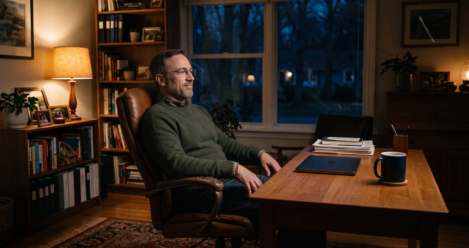 A man leaning back relaxed at a tidy home desk late in the evening, the work already finished