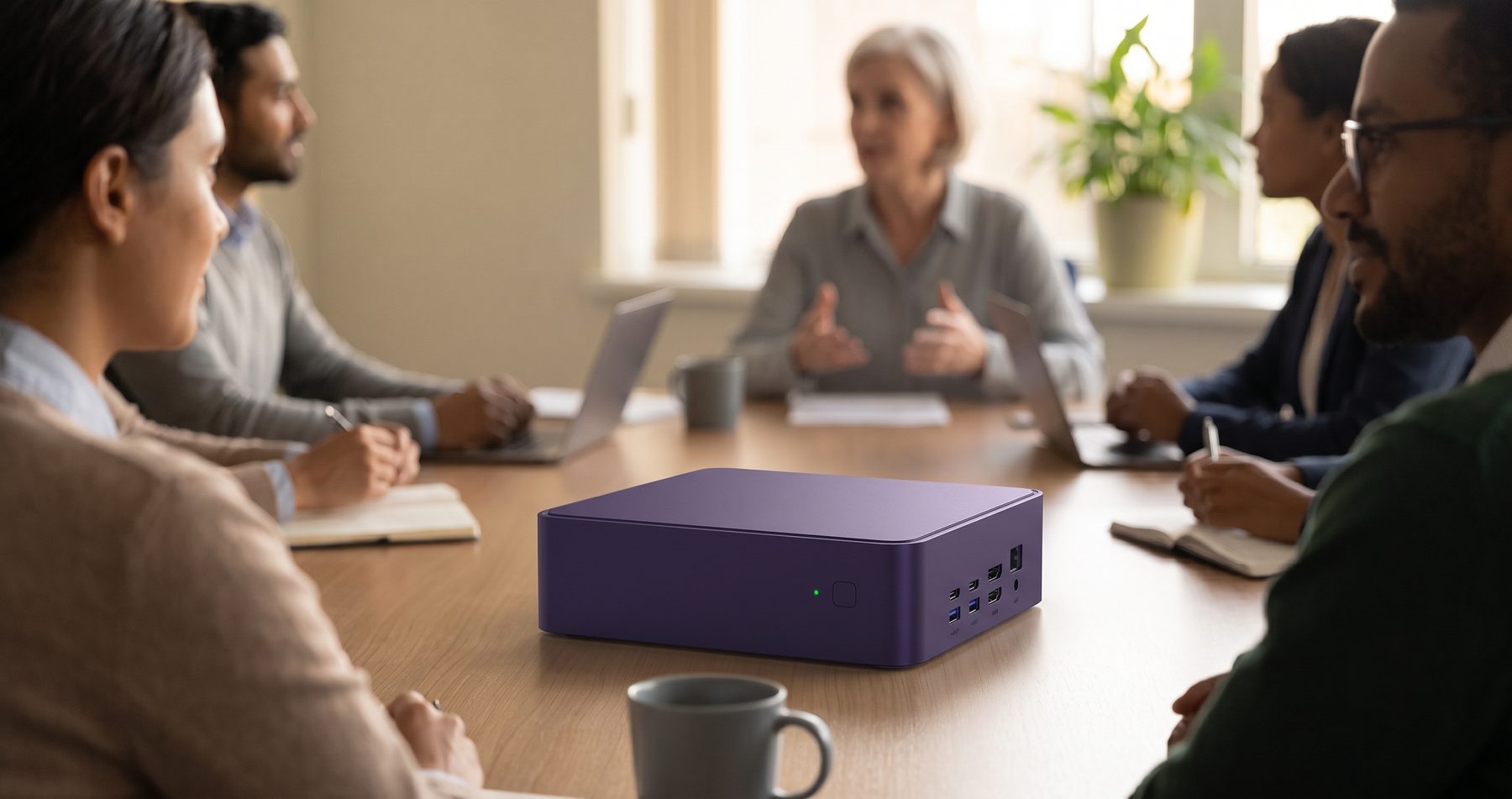 A conference room mid-discussion, everyone turned toward the person speaking at the head of the table, with a small purple mini PC sitting unnoticed on the table