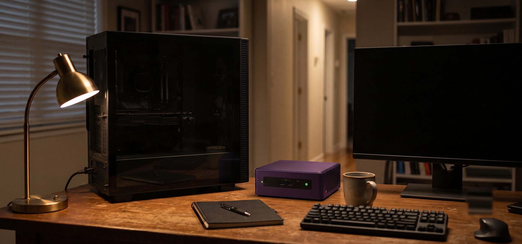 A dark home office desk at night, a full tower gaming PC powered off beside a small purple mini PC with a single green light on