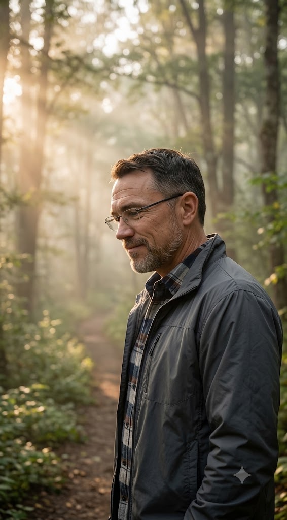 A man standing on a misty forest trail at dawn