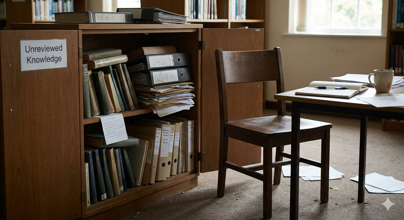 An open filing cabinet labeled Unreviewed Knowledge — cluttered folders, aging documents, an empty chair beside it and a dusty analog clock above