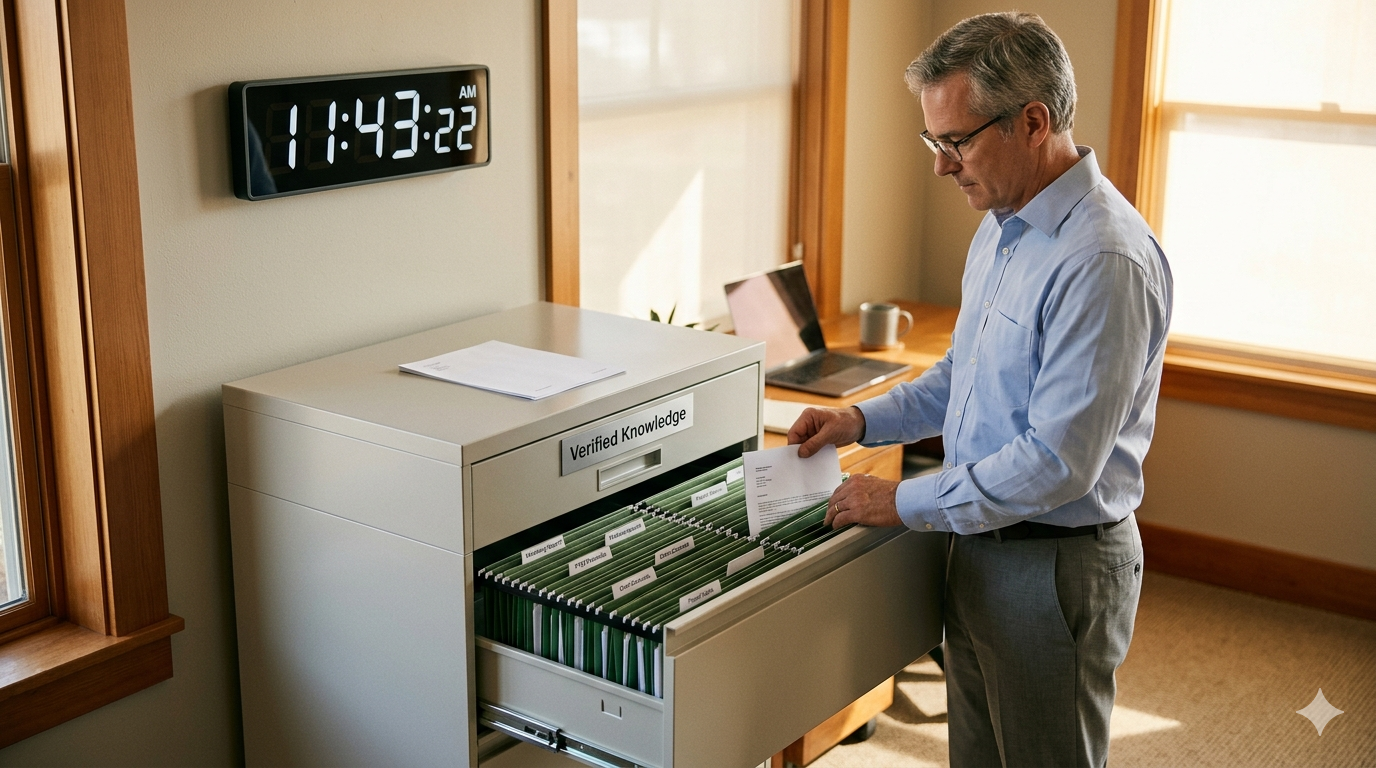 An open filing cabinet labeled Verified Knowledge — organized green folders, a single crisp page on top, a man actively filing, an LED clock showing the current time