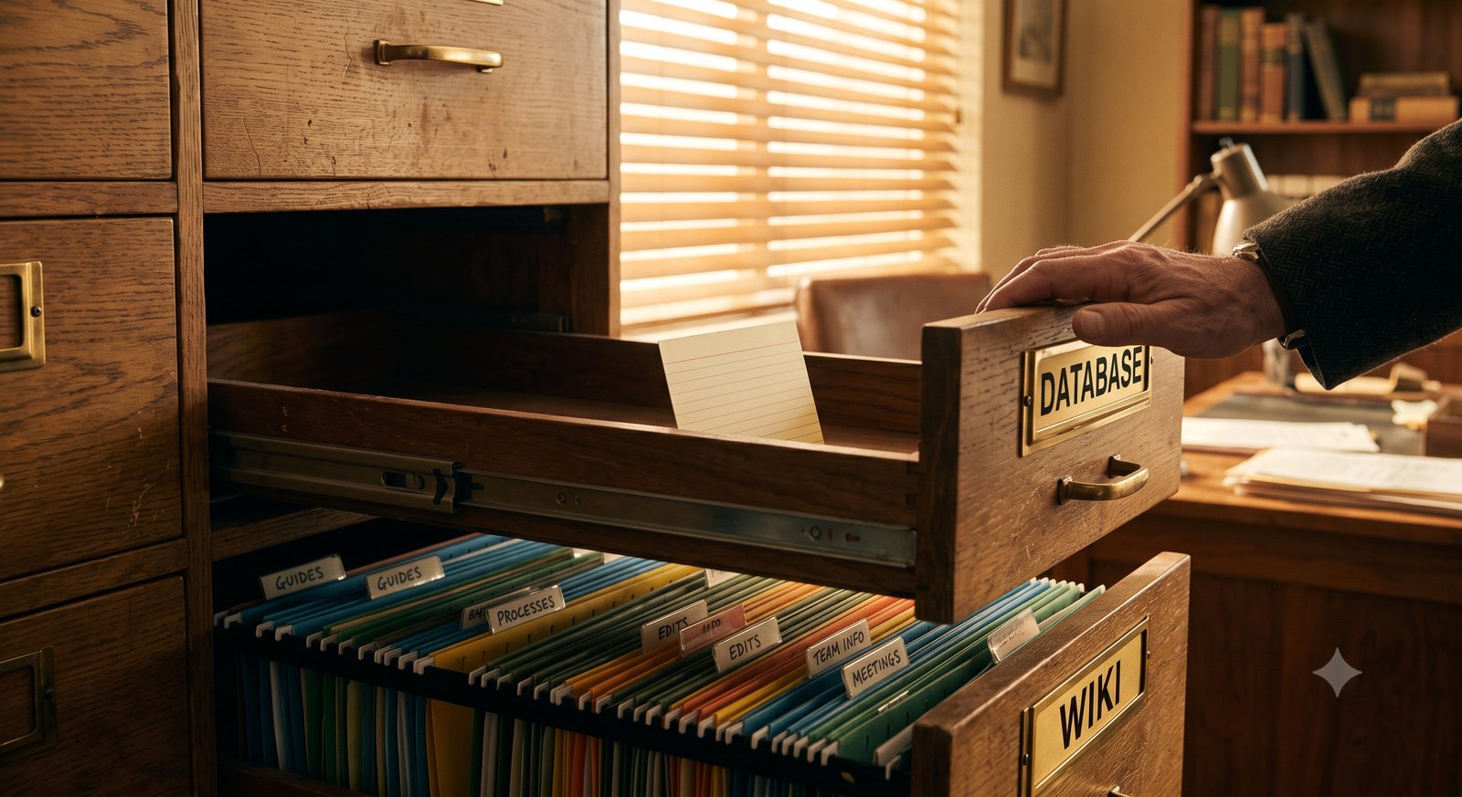 A wooden filing cabinet in warm window light: the open upper drawer labeled DATABASE is nearly empty, holding a single index card, while the lower drawer labeled WIKI is packed with neatly tabbed, color-coded folders. A man's hand rests on the edge of the DATABASE drawer.