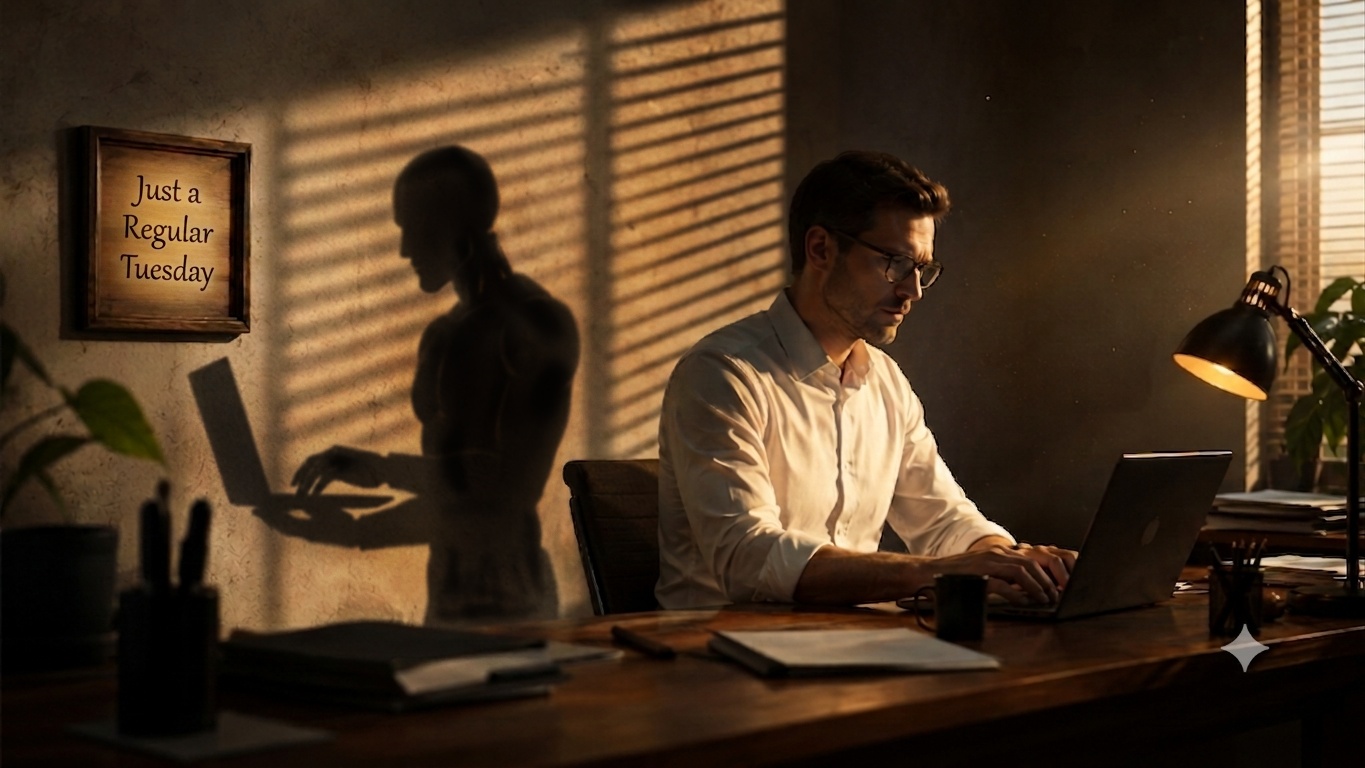 A man works at his desk unaware his shadow on the wall is the silhouette of a robot — Just a Regular Tuesday