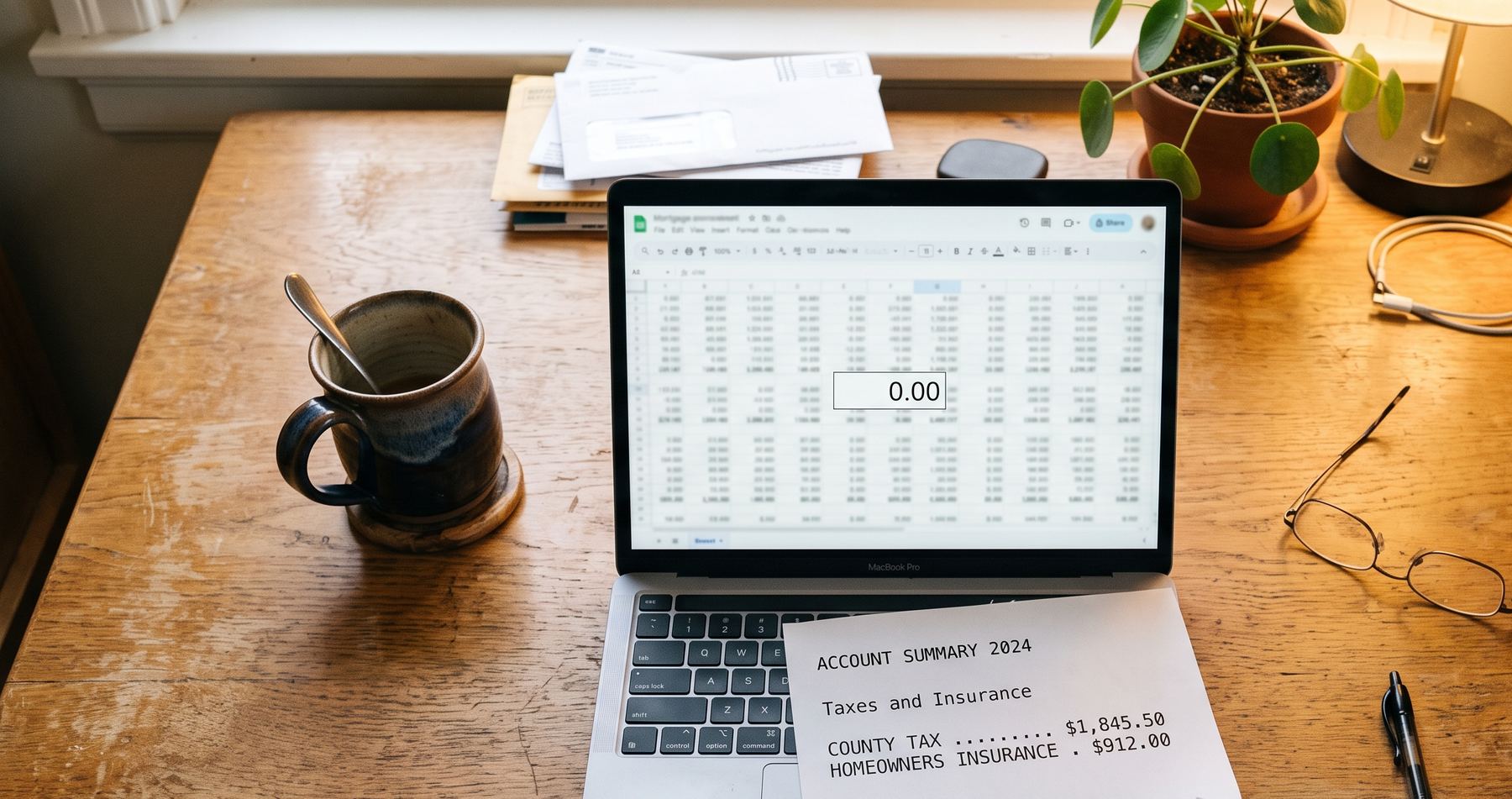 An escrow statement showing county tax and homeowners insurance line items resting on a laptop whose spreadsheet shows a highlighted cell reading 0.00