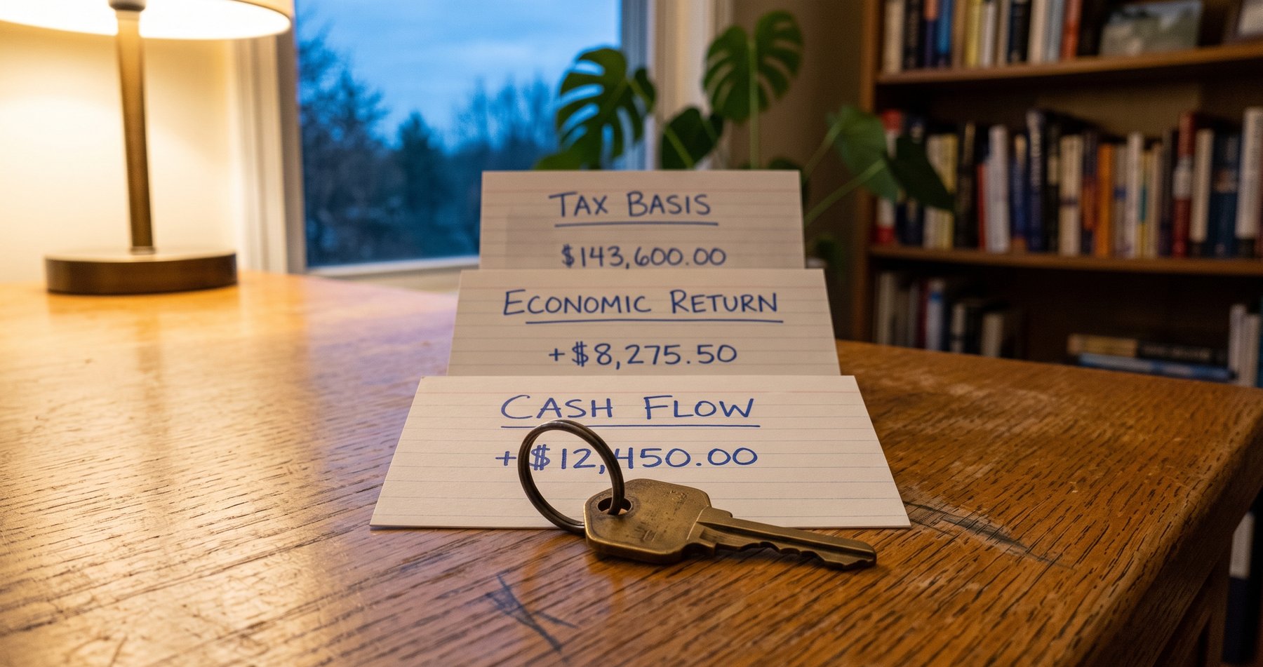 Three handwritten index cards labelled Cash Flow, Economic Return and Tax Basis standing behind a single house key on a wooden desk at dusk